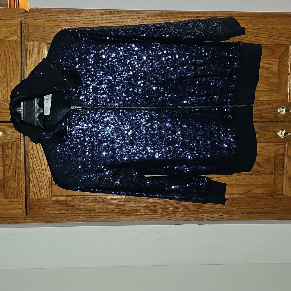 Chicos Zenergy sequined quarter sleeve hoody.